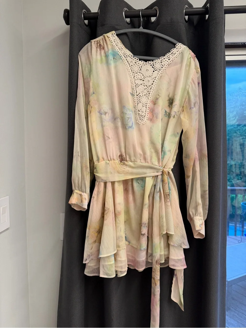 Zara Pastel Watercolor Floral Tie-Waist Dress with Lace V-Neck